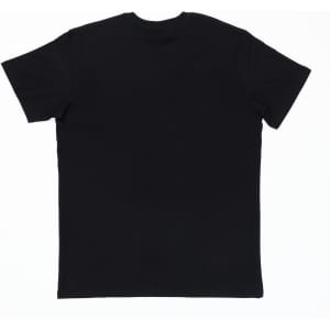 A black t-shirt featuring a plain back design. The fabric appears soft and suitable for casual wear. It includes a logo.