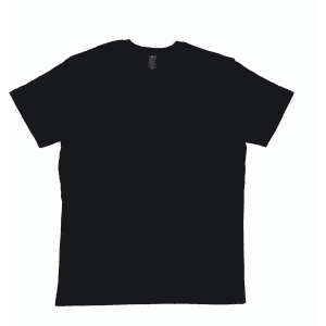 A black t-shirt displayed flat with a simple design and a logo on the tag.