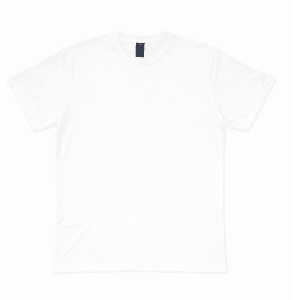 A plain white t-shirt with a crew neck and short sleeves, featuring a logo on the label.