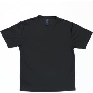 A black short-sleeved t-shirt displayed against a plain background, featuring a logo on the inside label.