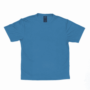 A blue Core Tee with short sleeves, featuring a label and a simple design.