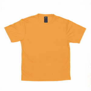 An orange T-shirt with short sleeves, featuring a logo on the neckline.
