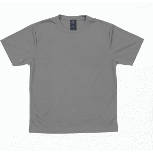 A grey t-shirt featuring a logo on the tag, with a classic short-sleeve design.