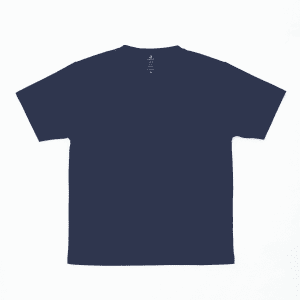 A navy blue t-shirt with a crew neckline and short sleeves, featuring a logo on the back.