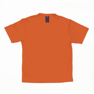 An orange short-sleeve t-shirt with a label and a plain design, featuring a logo on the inner tag.