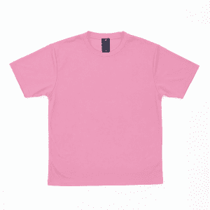 A pink t-shirt with short sleeves and a label on the inside neckline. It features a branding logo.