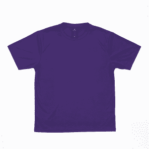 A purple short-sleeved tee with a simple design and a brand logo on the label.