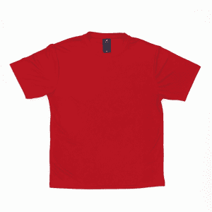 A red T-shirt with short sleeves and a round neckline, featuring a branding label inside.