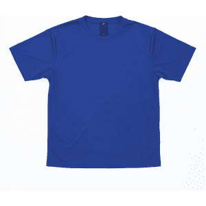 A blue t-shirt with short sleeves, featuring a logo on the inside label.