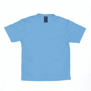 A blue T-shirt with short sleeves and a tag, featuring a plain design and a visible logo.