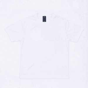 A plain white T-shirt with a logo on the label, featuring short sleeves and a crew neck.