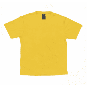 A yellow t-shirt with a round neckline and short sleeves, featuring a logo on the back near the neck.