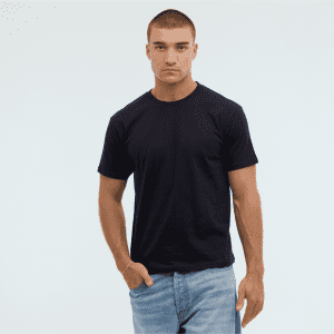 A black t-shirt with a crew neckline, displayed on a model wearing light blue jeans. The shirt features a logo.