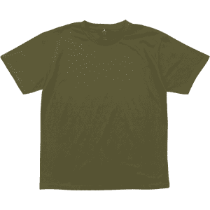 A green short-sleeve t-shirt with a simple design and a logo on the neckline.