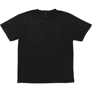 A black t-shirt with short sleeves, featuring a logo on the inner label.