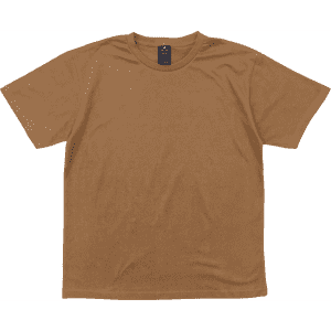 A brown t-shirt featuring short sleeves and a round neckline, with a label inside.