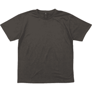 A black short-sleeve tee displayed flat with a tag inside and a simple logo.