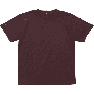 A maroon short-sleeved tee with a crew neck, featuring a logo on the inside label.