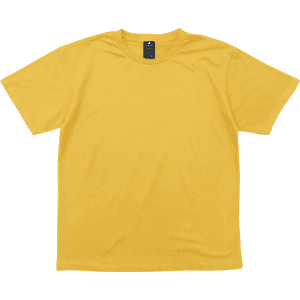 A yellow T-shirt with a round neck and short sleeves, featuring a tag inside and a logo.