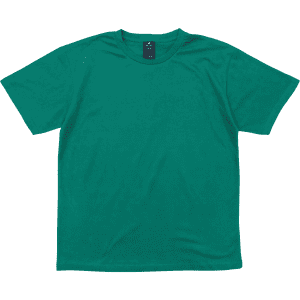 A green t-shirt with a crew neck and short sleeves, featuring a logo label on the inside.