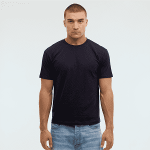 A navy blue surf tee featuring a simple design, displayed on a male model against a plain background.