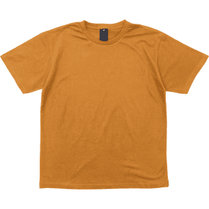 A mustard yellow T-shirt featuring a logo on the neck area, displayed flat against a white background.