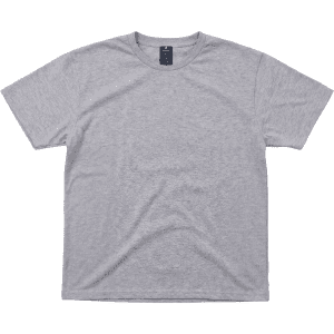 A grey t-shirt with a round neckline, short sleeves, and a simple design. It has a label on the inside.