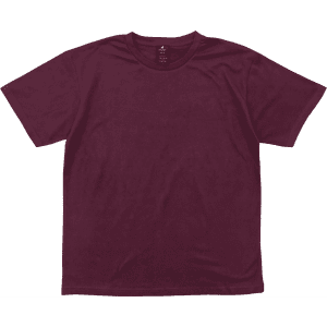 A maroon t-shirt with a round neckline and short sleeves, featuring a small logo at the collar.