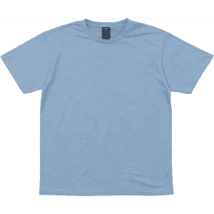 A light blue short-sleeved T-shirt with a logo on the neckline.