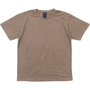 A brown T-shirt featuring a crew neck and short sleeves, with a logo on the label.