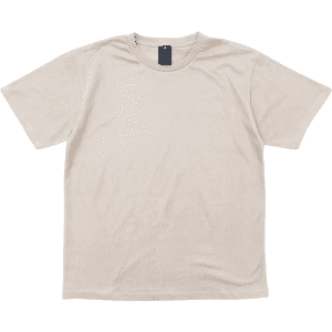 A short-sleeve tee in a light beige colour, featuring a label and a simple, unembellished design.