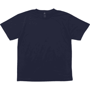 A navy blue T-shirt with a crew neck and short sleeves, featuring a logo on the inside label.