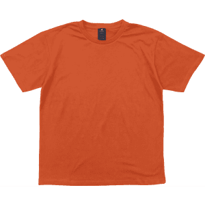 An orange short-sleeved t-shirt with a label inside and a plain design.