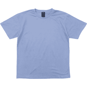 A blue short-sleeved T-shirt with a round neckline and a logo on the tag.