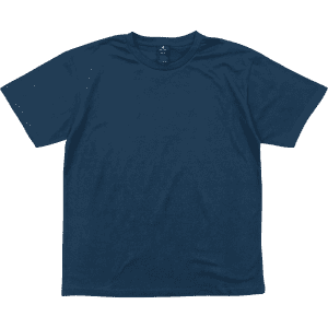 A navy blue short-sleeve tee with a round neckline and a logo.