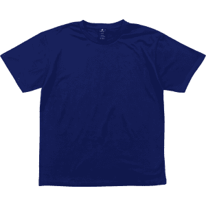 A navy blue short-sleeve T-shirt with a round neck and a small logo on the label.