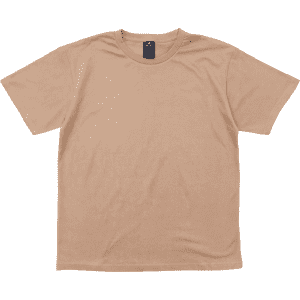 A beige short-sleeved T-shirt with a tag and a simple design. It features a logo on the label.