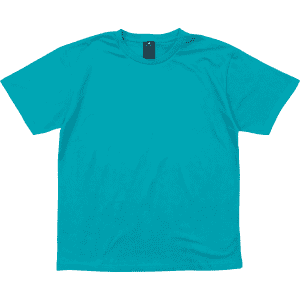 A turquoise t-shirt with a crew neckline and a tag visible inside the collar. It features a logo.