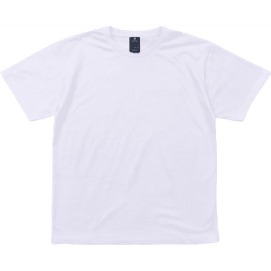 A plain white short-sleeve T-shirt with a logo on the label.