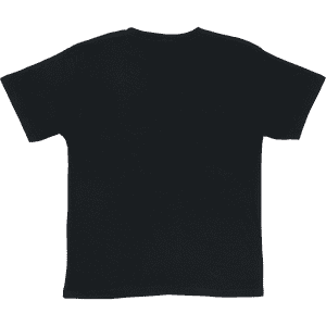 A black t-shirt featuring a plain back design and a logo on the label.