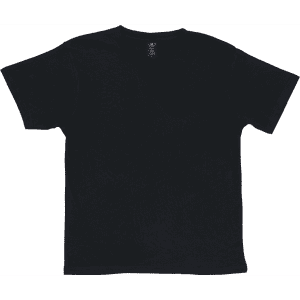 A black t-shirt with short sleeves and a round neckline, featuring a logo on the inside label.