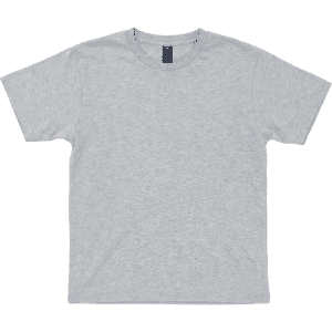 A grey T-shirt featuring a simple design and a tag with a logo.