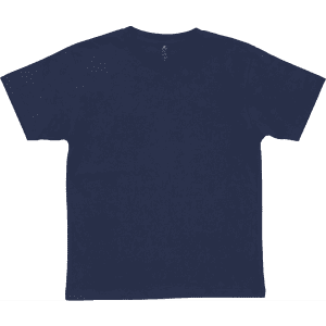 A navy blue T-shirt with short sleeves and a crew neckline. It features a logo on the inside tag.