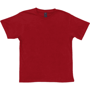 A red t-shirt with short sleeves and a crew neckline, featuring a logo on the label.