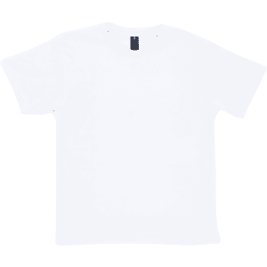 A white T-shirt with short sleeves and a tag at the neckline, featuring a logo.