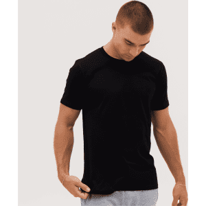 A black classic tee is displayed on a model with short sleeves and a crew neckline. The model has a neutral expression.