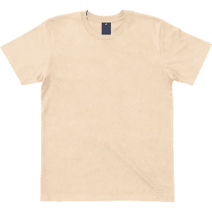 A classic beige tee with a round neckline and short sleeves, featuring a logo at the neck.