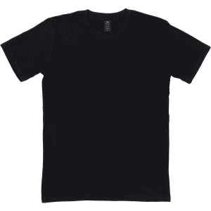 A black T-shirt without any designs, featuring a round neckline and short sleeves. It has a branding label inside.