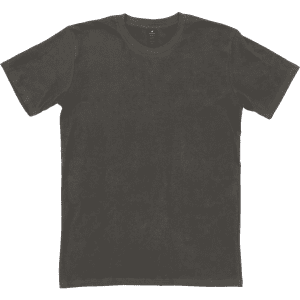 A dark grey T-shirt with a classic crew neck and no visible graphics. It has a logo on the label inside.