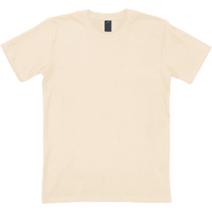 A plain beige t-shirt displayed flat, featuring a label and a simple design.